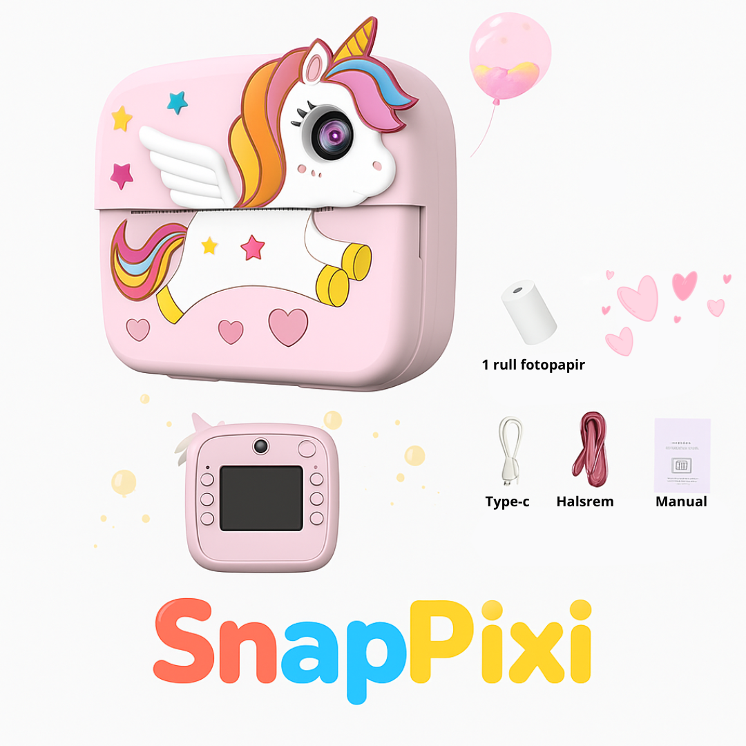SnapPixi – Barnekamera med direkte utskrift, spill, videokamera og MP3 spiller